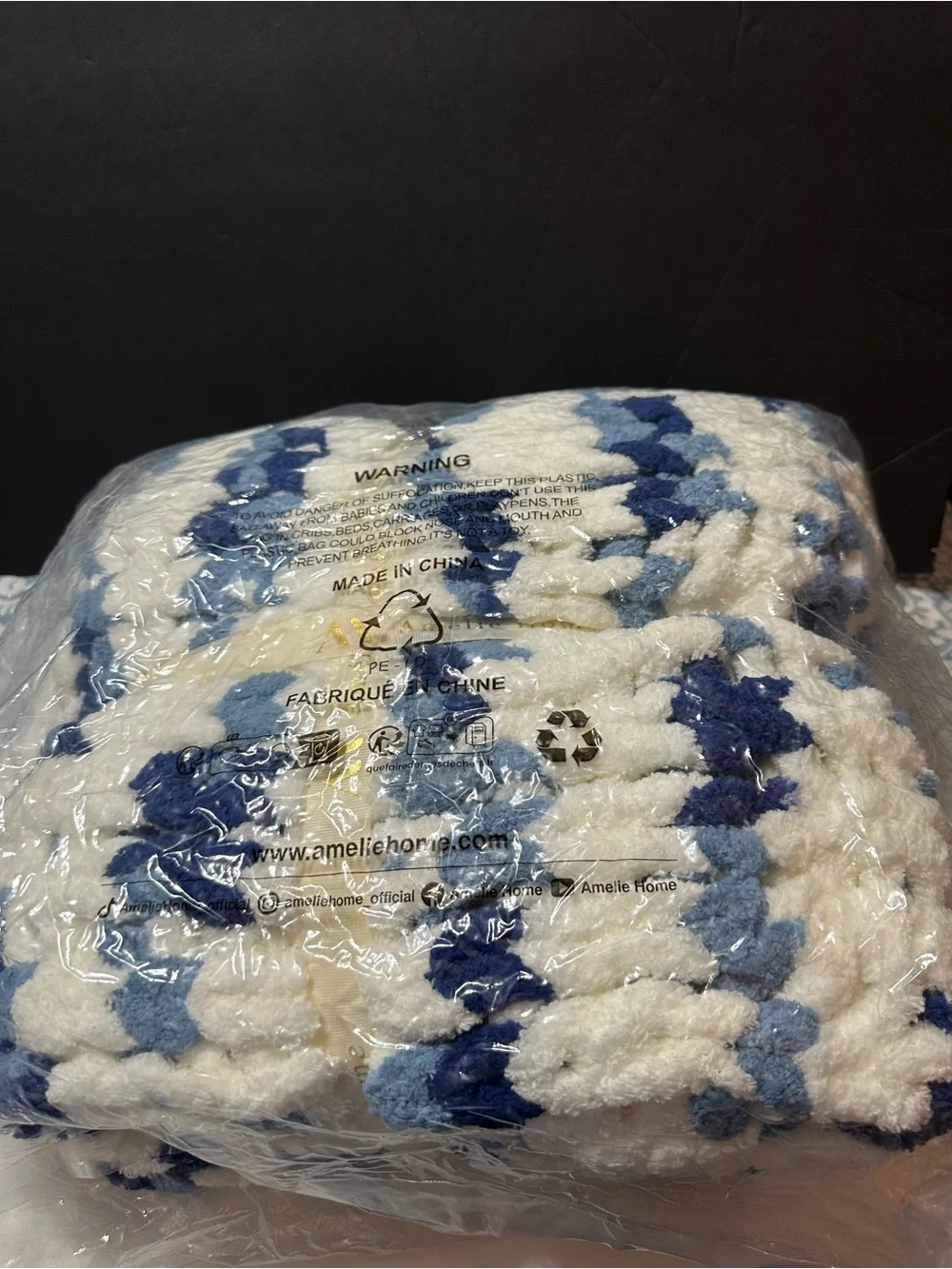 Amelie Hone  White and Blue Chunky Knit Throw Blanket